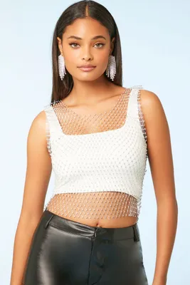 Women's Rhinestone Mesh Crop Top in Silver Small