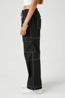 Women's Poplin Contrast-Seam Cargo Pants in Black/White Medium