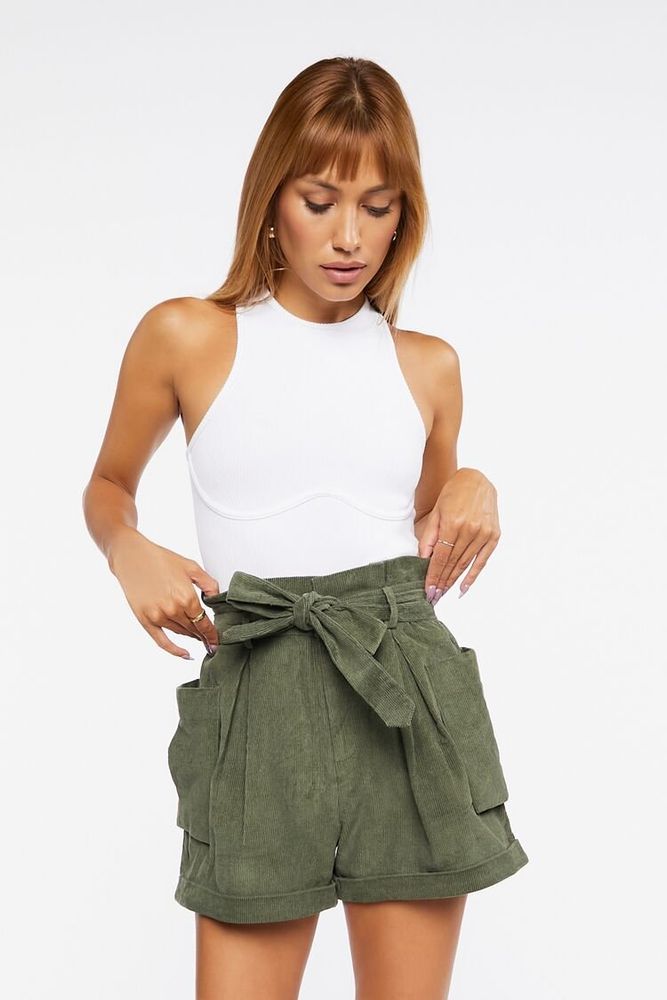 Women's Belted Corduroy Paperbag Shorts in Olive Small