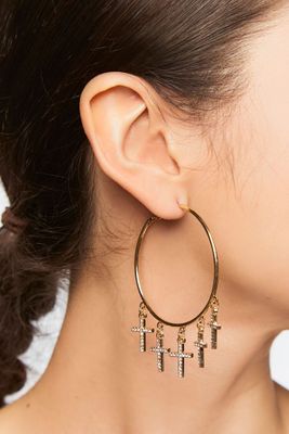 Women's Rhinestone Cross Hoop Earrings in Gold