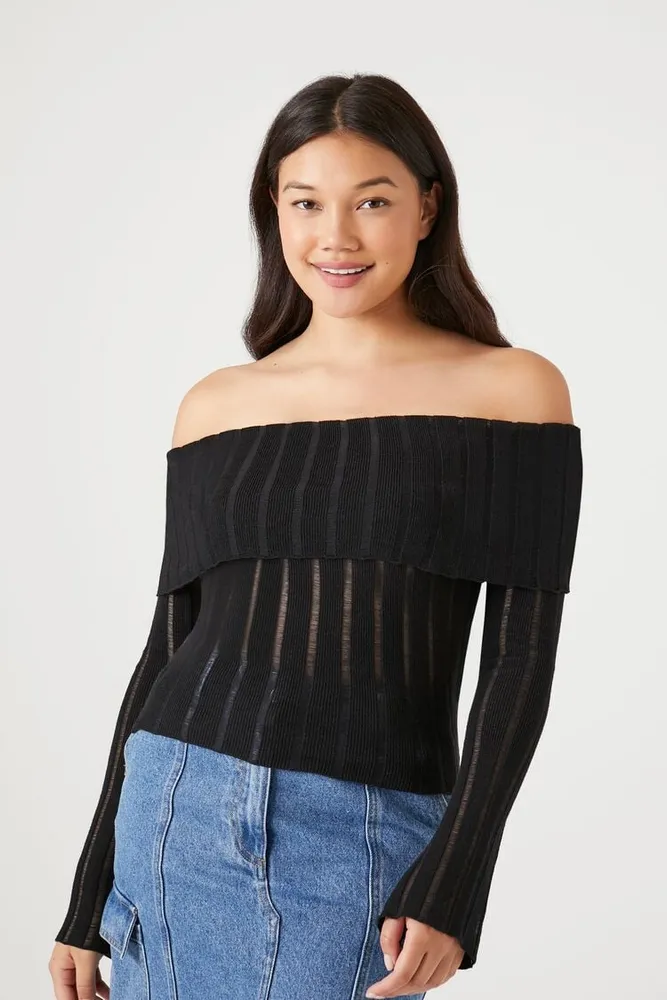 Women's Ribbed Off-the-Shoulder Sweater in Black Small