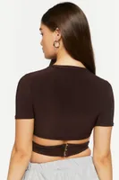 Women's Short-Sleeve Crossover Crop Top in Dark Brown Medium