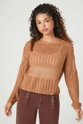 Women's Sheer Crochet Knit Sweater in Tan, XL