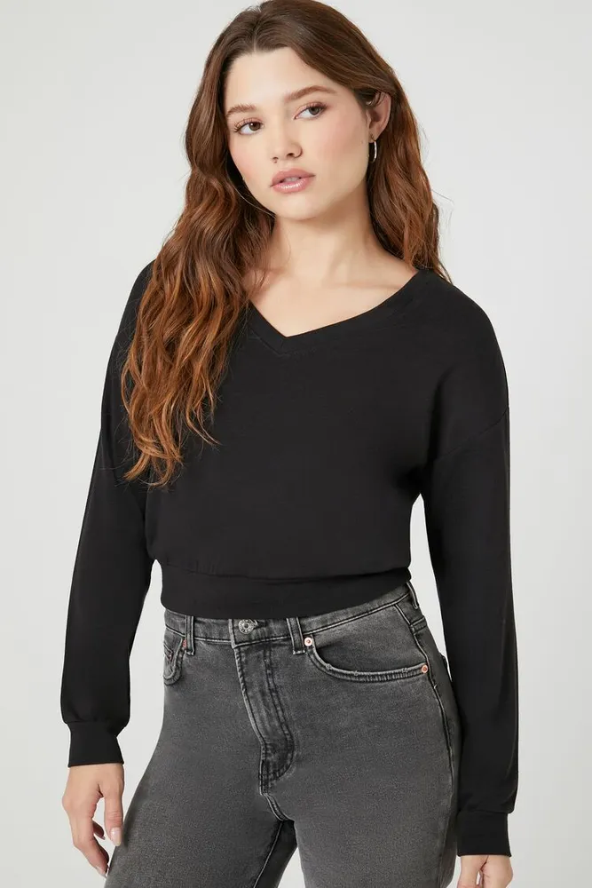 Women's Cropped V-Neck Sweater Black,