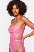 Women's Lace Clip Dot Lingerie Bodysuit in Hot Pink Large