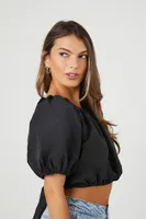 Women's Puff-Sleeve Lace-Back Crop Top in Black Small