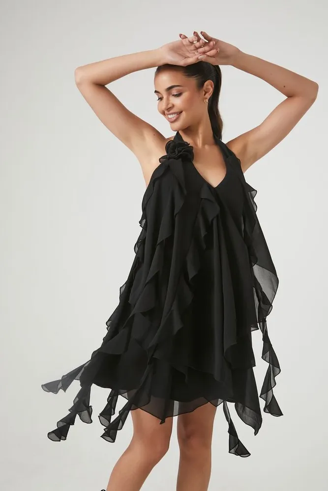 Women's Rosette Ruffle Halter Mini Dress