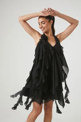 Women's Rosette Ruffle Halter Mini Dress Black