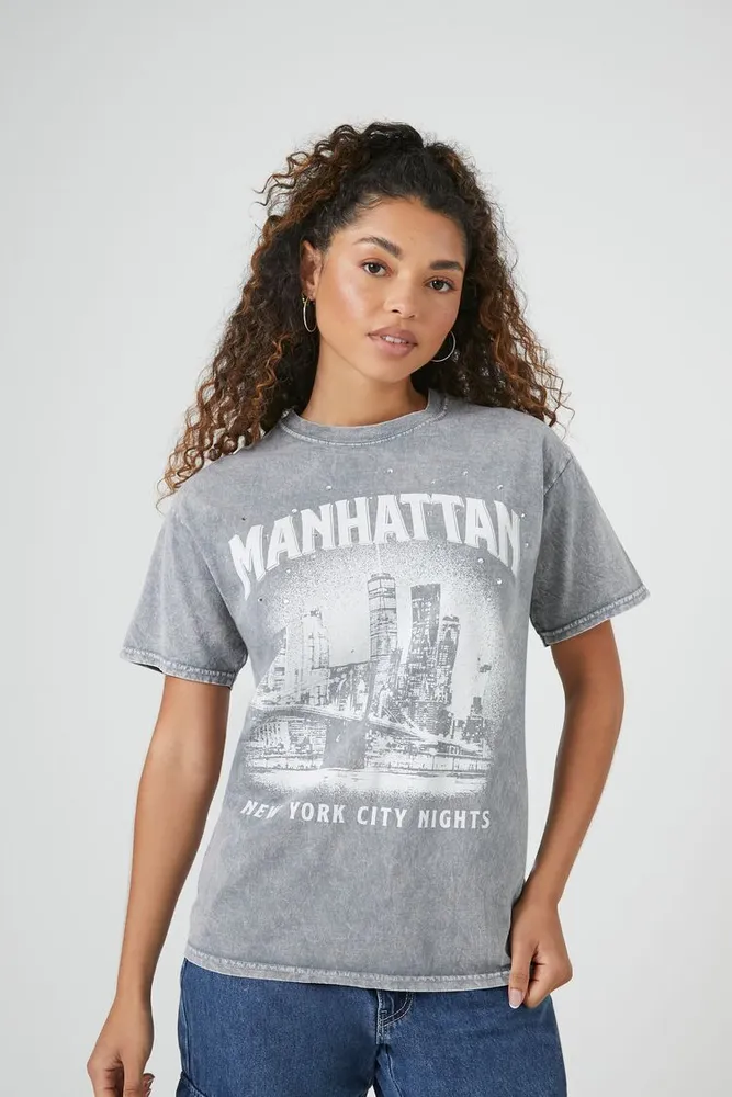 Women's Rhinestone Manhattan Graphic T-Shirt in Charcoal, M/L