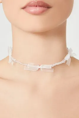 Women's Beaded Bow Choker Necklace in Clear/White