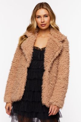 Women's Faux Fur Notched Open-Front Coat in Tan Small