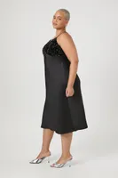 Women's Satin Sequin Midi Slip Dress in Black, 2X