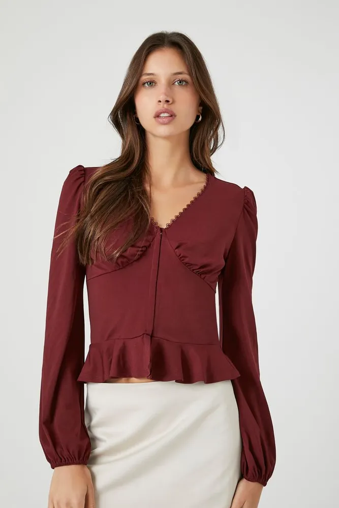 Women's Crepe Peasant-Sleeve Peplum Top in Wine Large