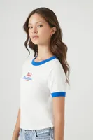 Women's Embroidered Pabst Ringer Cropped T-Shirt in White/Blue Large