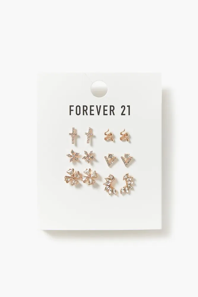 Women's Geo Rhinestone Stud Earring Set in Clear/Gold