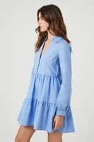 Women's Poplin Tiered Mini Shirt Dress in Blue Small