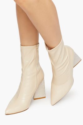 Women's Faux Leather Rhinestone-Heel Booties in Cream, 7
