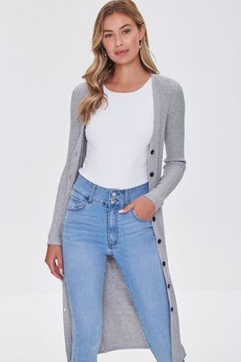 Women's Ribbed Longline Cardigan Sweater in Heather Grey Small