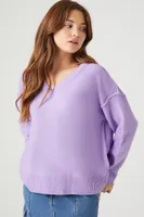 Women's Ribbed-Trim V-Neck Sweater in Purple Small