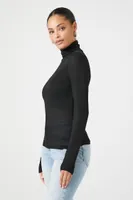 Women's Sheer Ribbed Knit Turtleneck Top in Black Large