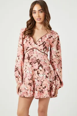 Women's Floral Ruffle-Trim Mini Dress in Pink/Brown Medium