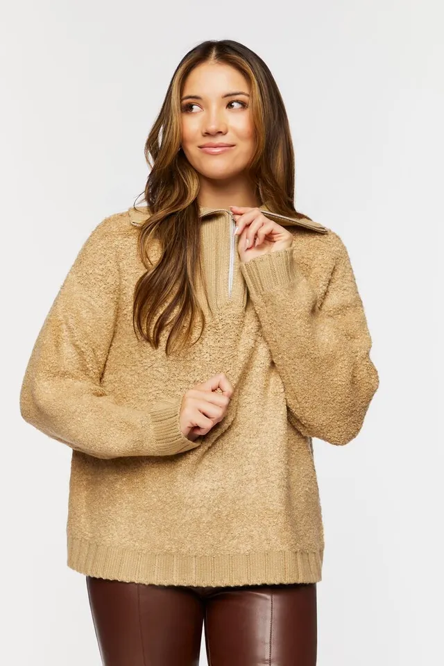 Forever 21 Women's Popcorn Knit Half-Zip Sweater in Taupe Large