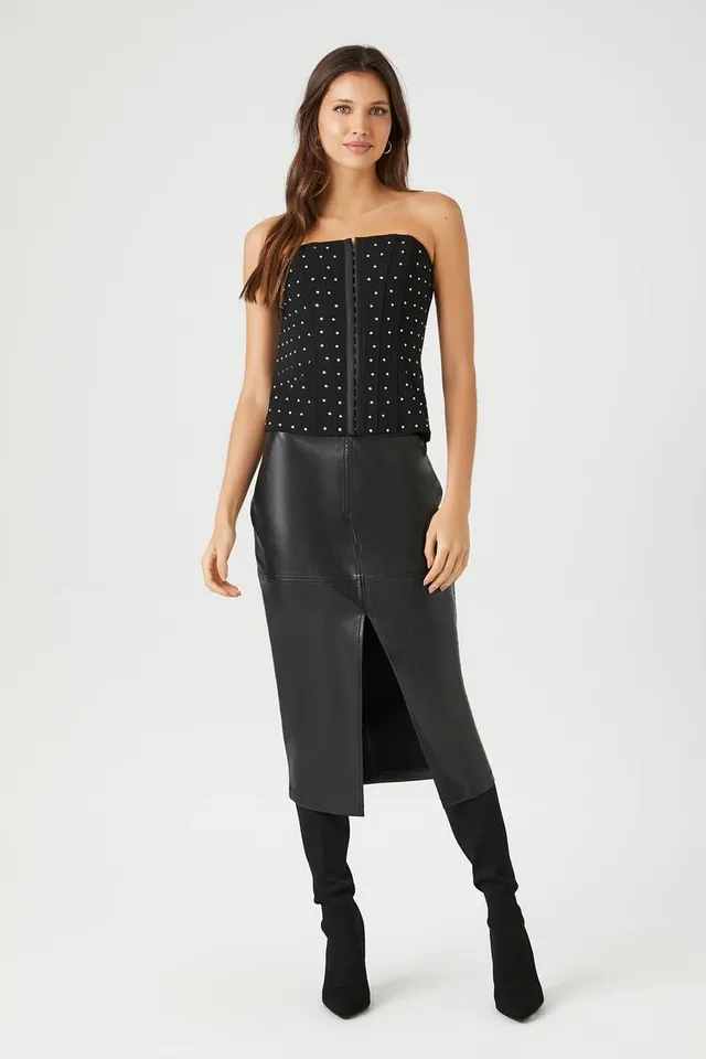 Windsor Hook and Eye Corset Crop Top in Black, Size: Large, Rayon/Woven  Fabric