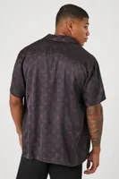 Men Satin Ornate Print Shirt in Black/Burgundy, XXL