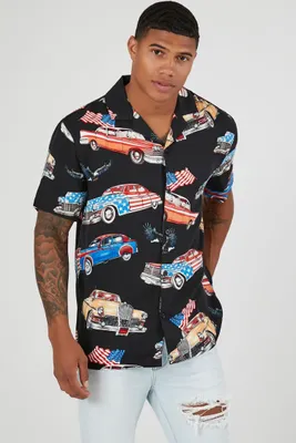 Men Rayon American Car Print Shirt in Black Medium