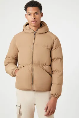 Men Hooded Zip-Up Puffer Jacket in Brown Large