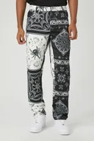 Men Satin Paisley Print Slim-Fit Pants in Black/Cream, 31