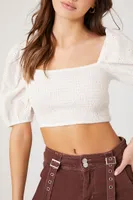 Women's Smocked Floral Eyelet Crop Top in White Small