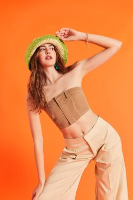 Women's Super Cropped Button-Front Tube Top in Tan Medium