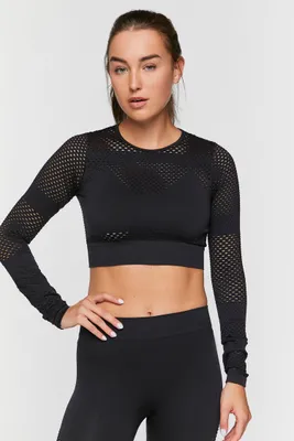 Women's Active Seamless Netted Crop Top in Black Small