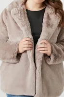 Women's Notched Faux Fur Coat in Taupe, 4X