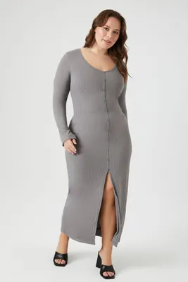 Women's Button-Front Midi Dress in Dark Grey, 2X