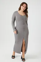 Women's Button-Front Midi Dress Dark Grey,