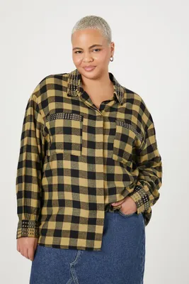 Women's Studded Plaid Flannel Shirt in Yellow, 3X