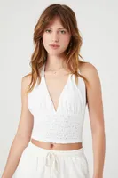 Women's Eyelet Halter Crop Top in White, XL