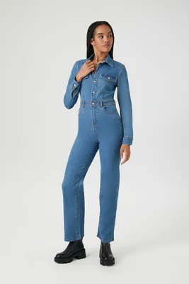 Women's Denim Button-Up Jumpsuit in Medium Denim, XL