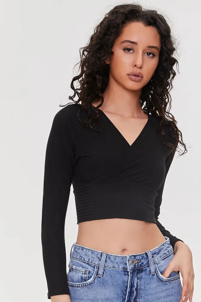 Women's Ribbed Surplice Crop Top in Black Large