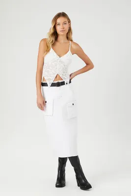 Women's Belted Twill Midi Skirt White