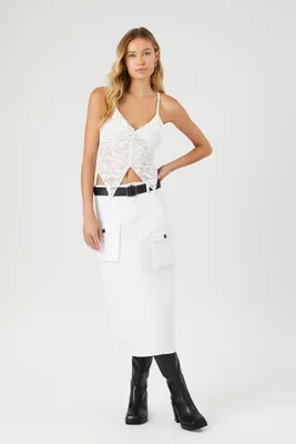 Women's Belted Twill Midi Skirt in White Large