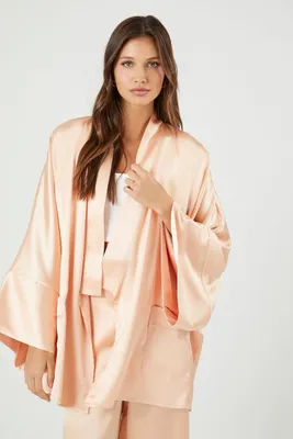 Women's Satin Open-Front Kimono in Peach Small