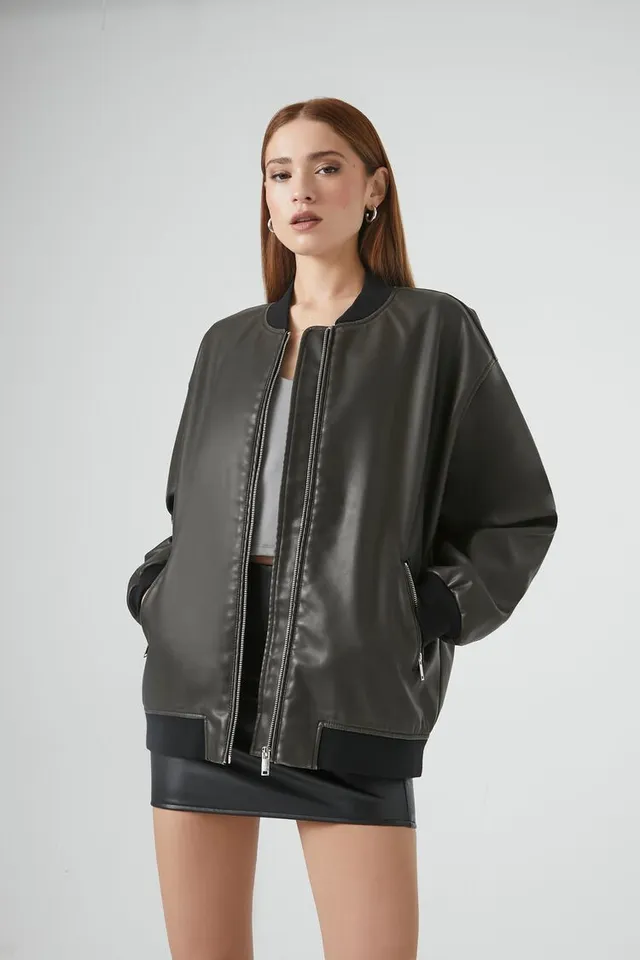 Forever 21 Women's Faux Leather Longline Bomber Jacket in Charcoal Medium