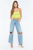 Women's Mesh Ruffled Cropped Tube Top in Acid Green Large