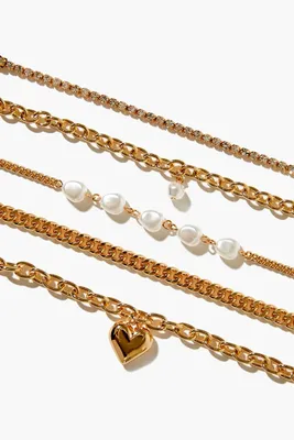 Women's Faux Pearl Chain Bracelet Set in Gold/Clear