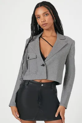 Women's Jacquard Checkered Cropped Blazer in Black/White Large