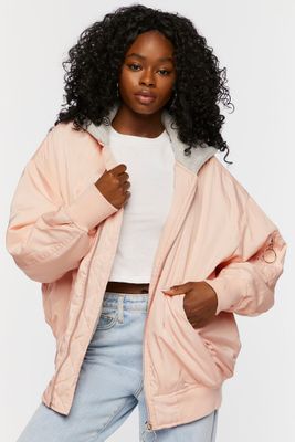 Women's Hooded Combo Bomber Jacket in Blush/Heather Grey, M/L