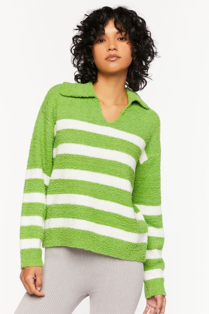 Women's Fuzzy Striped Collared Sweater in Green/Cream Small